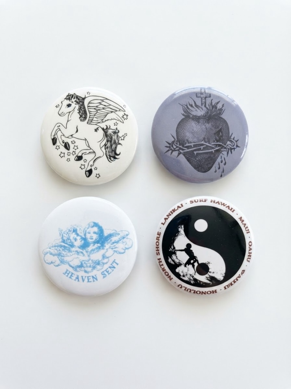Y2K Aesthetic Pin Button Set 4pc Pegasus Sacred Heart Yin Yang Cherub Angel Surf